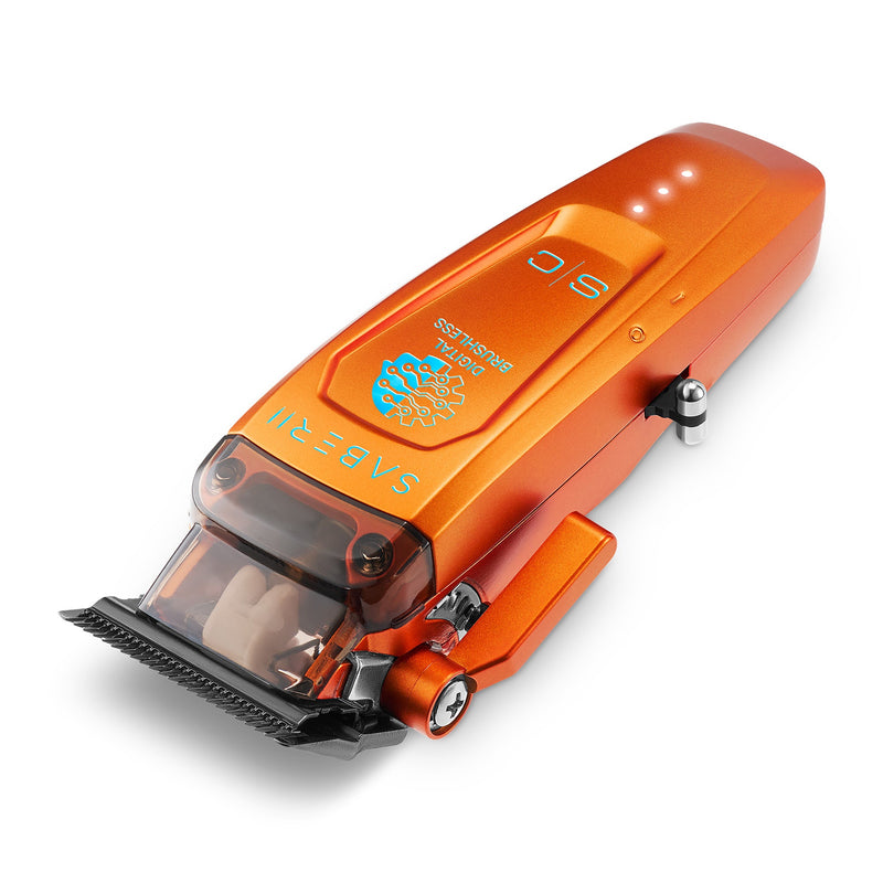 StyleCraft Saber 2.0 orange clipper top-down angled view with translucent drop top and taper lever