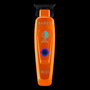StyleCraft Saber 2.0 professional cordless trimmer in metallic orange with digital brushless motor and T-blade, front view on black background