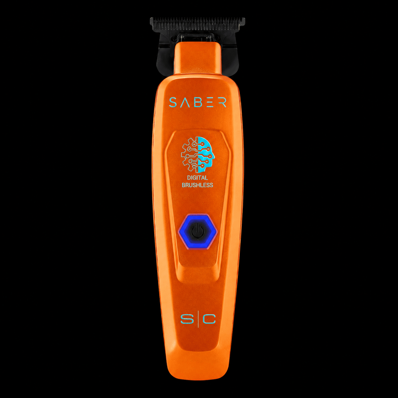 StyleCraft Saber 2.0 professional cordless trimmer in metallic orange with digital brushless motor and T-blade, front view on black background