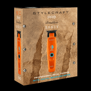 StyleCraft Pro Saber II orange professional cordless trimmer retail box packaging with digital brushless motor, angled view on black background