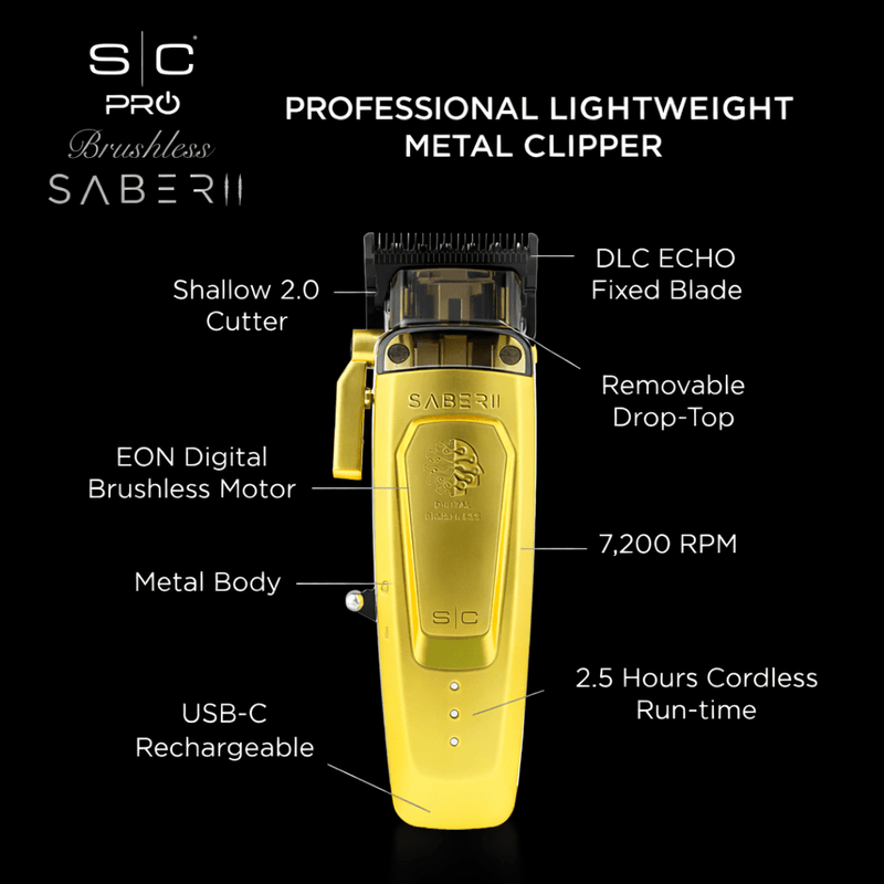 Yellow hair clipper with features labeled on a black background