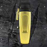Yellow grooming clipper with Saberii branding on a textured black background