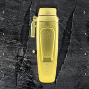 Gold electric shaver with 'Saber II' branding on a textured black background