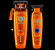 StyleCraft Saber 2.0 clipper and Saber trimmer in metallic orange with digital brushless badges, front view on black background