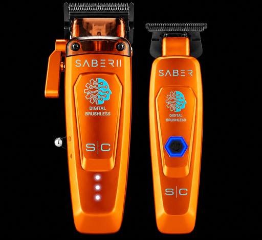 StyleCraft Saber 2.0 clipper and Saber trimmer in metallic orange with digital brushless badges, front view on black background