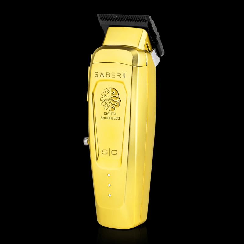 Gold hair trimmer with 'Saberii' branding on a black background