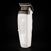 White electric shaver with brand logo on a black background