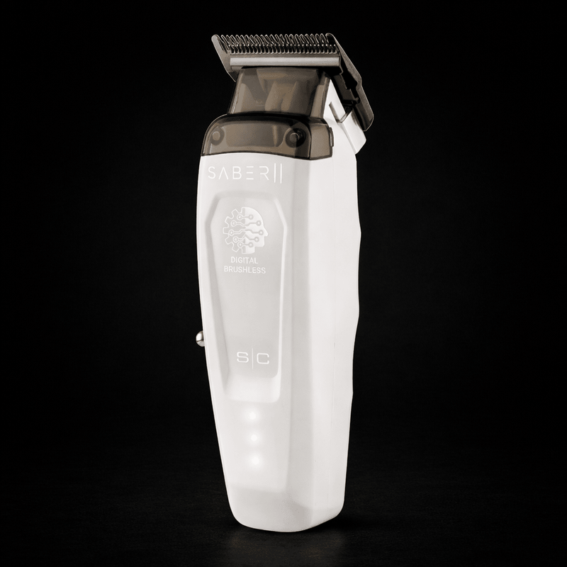 White electric shaver with brand logo on a black background