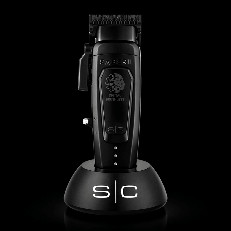 Black hair trimmer with 'Saber II' branding on a black background