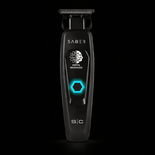 Black electric shaver with 'Saber' branding on a black background