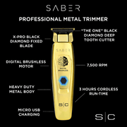 Gold Saber professional metal trimmer with features highlighted on a black background
