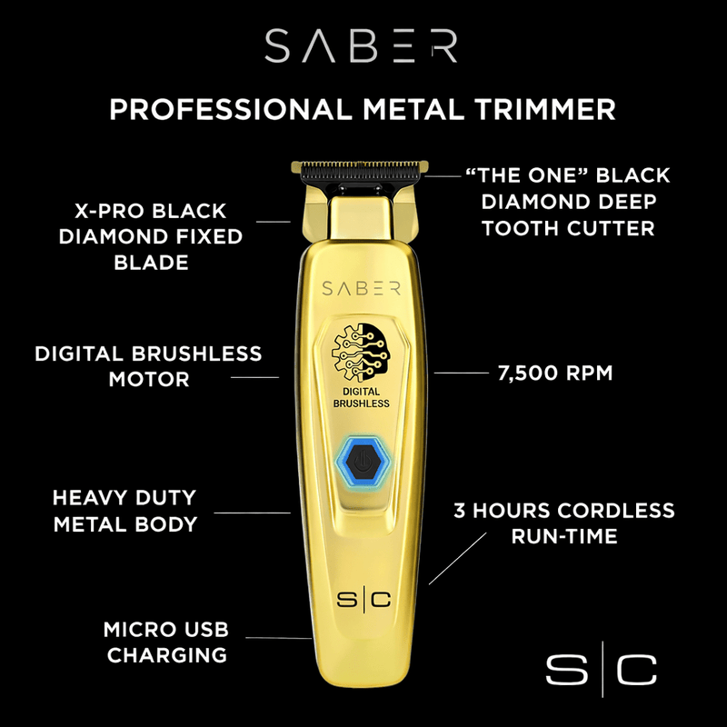 Gold Saber professional metal trimmer with features highlighted on a black background