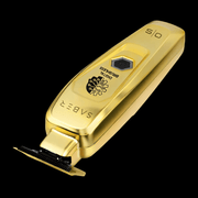 Gold hair trimmer with brand logo on a black background