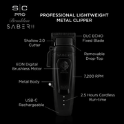 Saberii professional lightweight metal clipper with features highlighted on a black background
