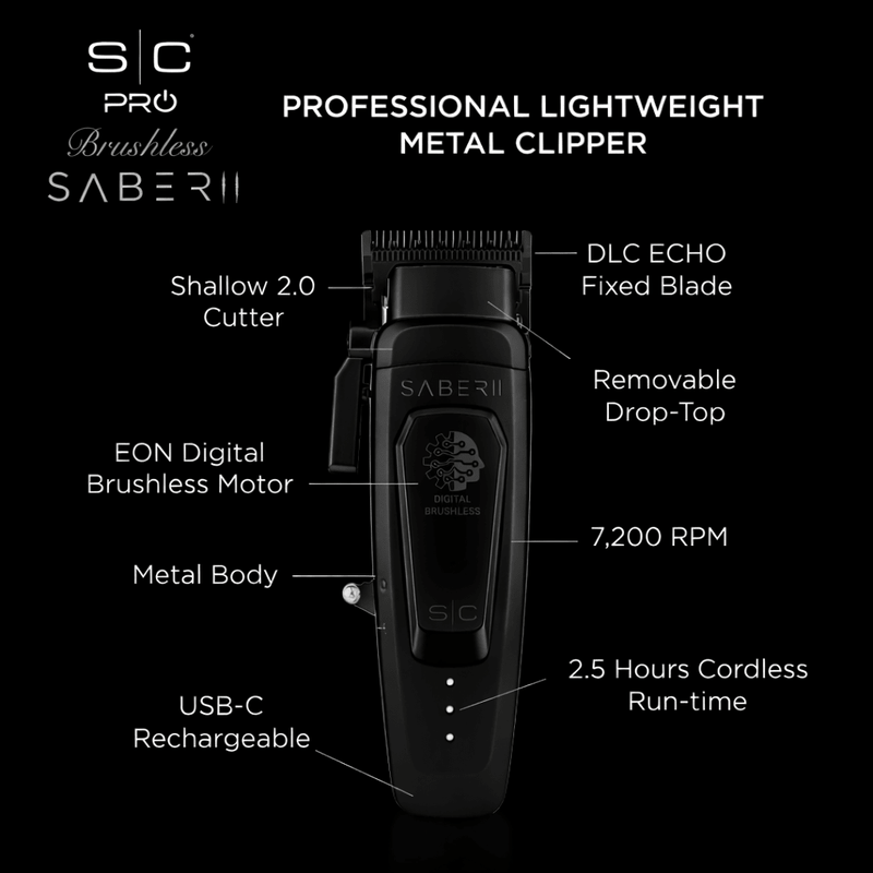 Saberii professional lightweight metal clipper with features highlighted on a black background