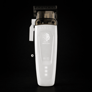 White hair clipper with brand logo on a black background