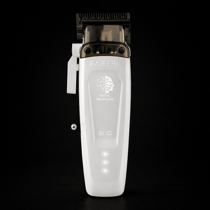 White hair clipper with brand logo on a black background