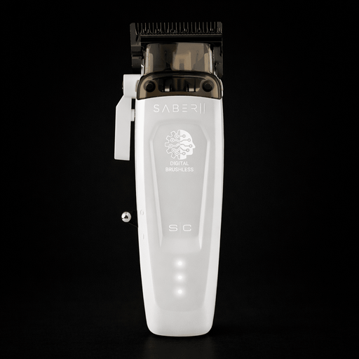 White hair clipper with brand logo on a black background