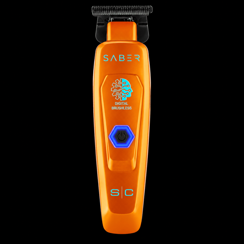 StyleCraft Saber orange trimmer front view with digital brushless badge and blue-lit power button on black background