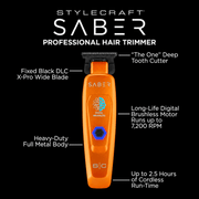 StyleCraft Saber orange trimmer SC421O feature infographic showing X-Pro blade, 7,200 RPM motor and 2.5-hour runtime