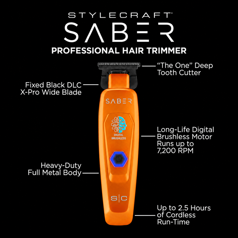 StyleCraft Saber orange trimmer SC421O feature infographic showing X-Pro blade, 7,200 RPM motor and 2.5-hour runtime