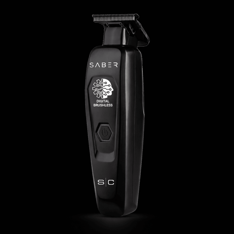 Black hair trimmer with 'Saber' branding on a black background