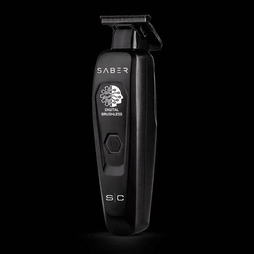 Black hair trimmer with 'Saber' branding on a black background