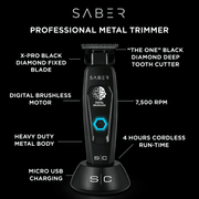 Saber professional metal trimmer with features listed on a black background