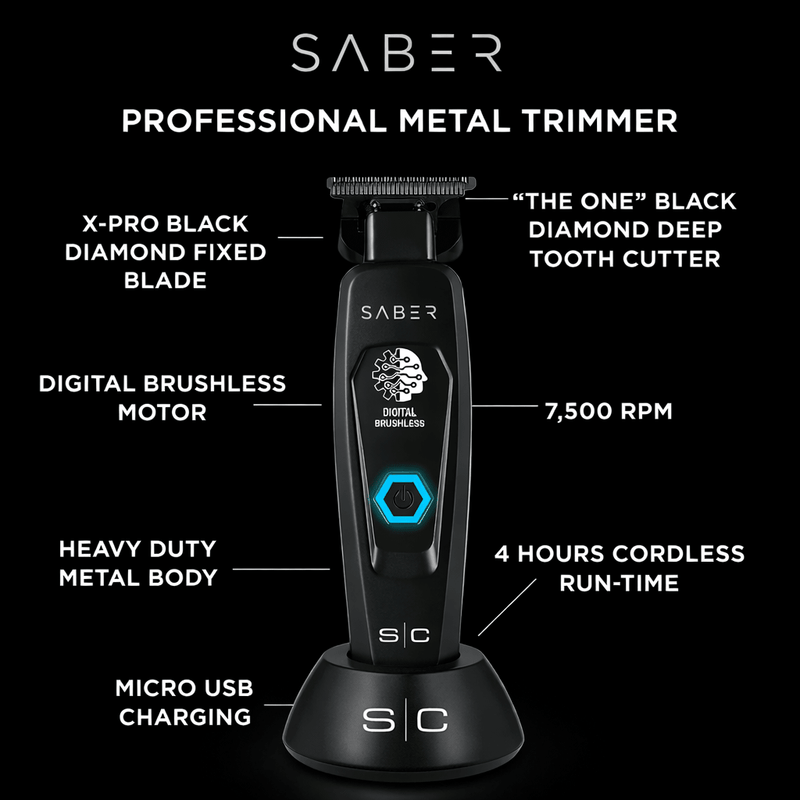 Saber professional metal trimmer with features listed on a black background