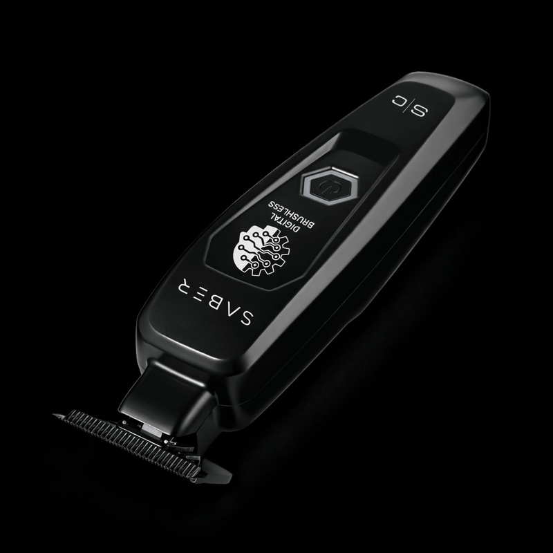 Black hair trimmer with brand logo on a black background