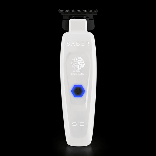 White grooming tool with 'Saber' branding on a black background