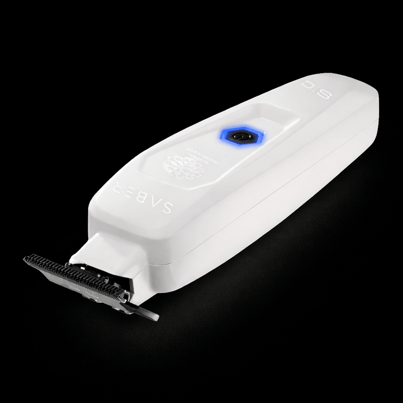 White grooming tool with brand name on a black background