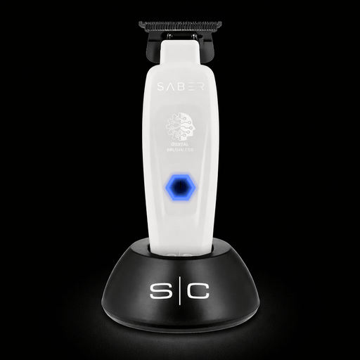 Saber grooming tool on a black stand with a dark background