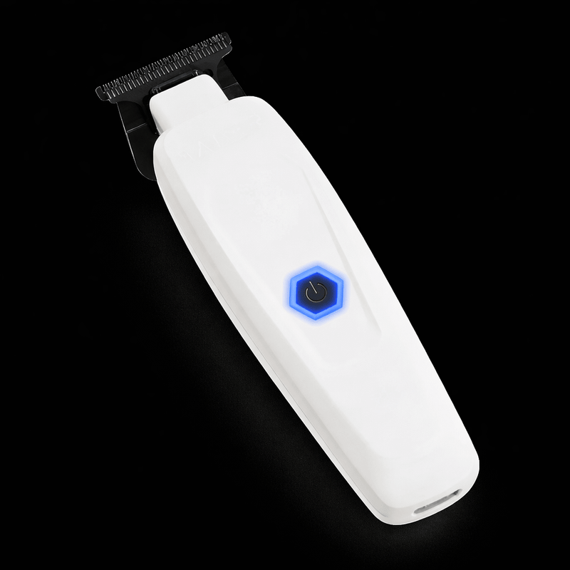 White electronic device with blue indicator light on a black background