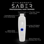 Stylecraft Saber professional hair trimmer with features highlighted on a black background