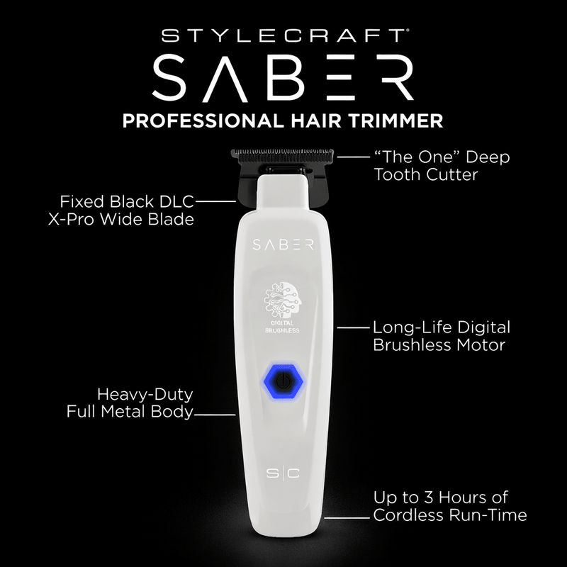 Stylecraft Saber professional hair trimmer with features highlighted on a black background