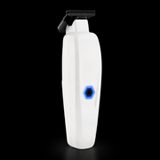 White electronic device with a blue light on a black background