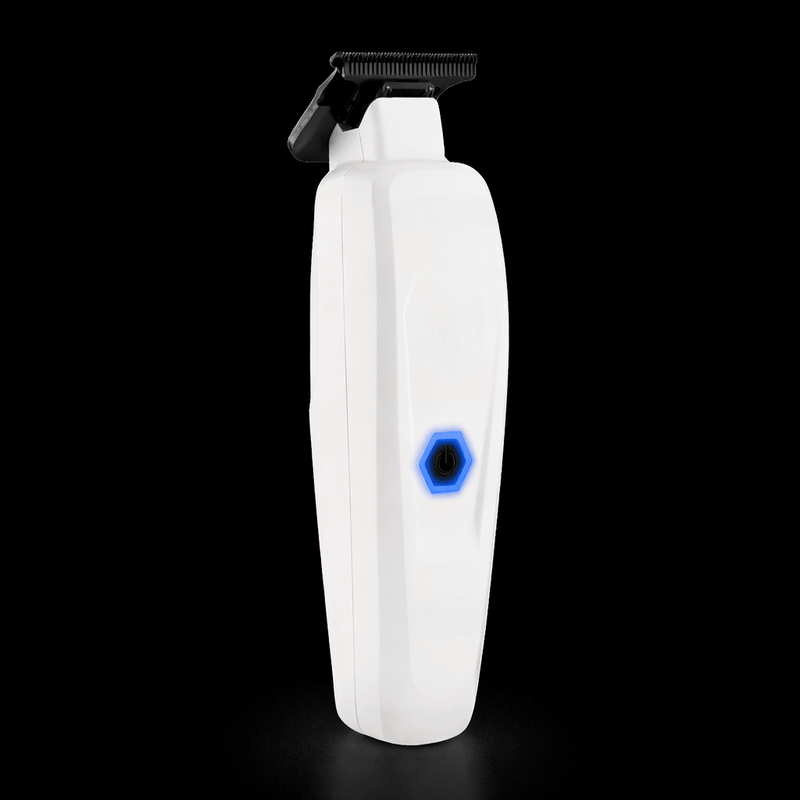 White electronic device with a blue light on a black background