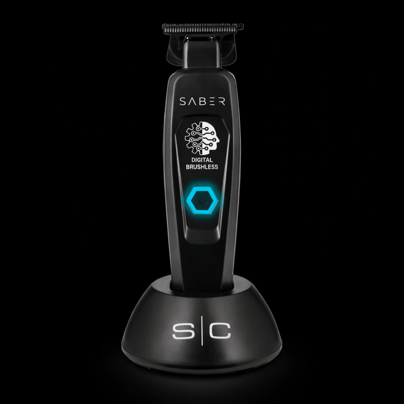 Black grooming tool with digital display on a black background
