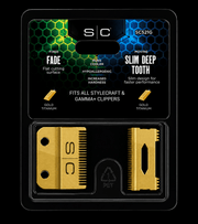 SC brand hair clipper blade packaging with gold blade and black background