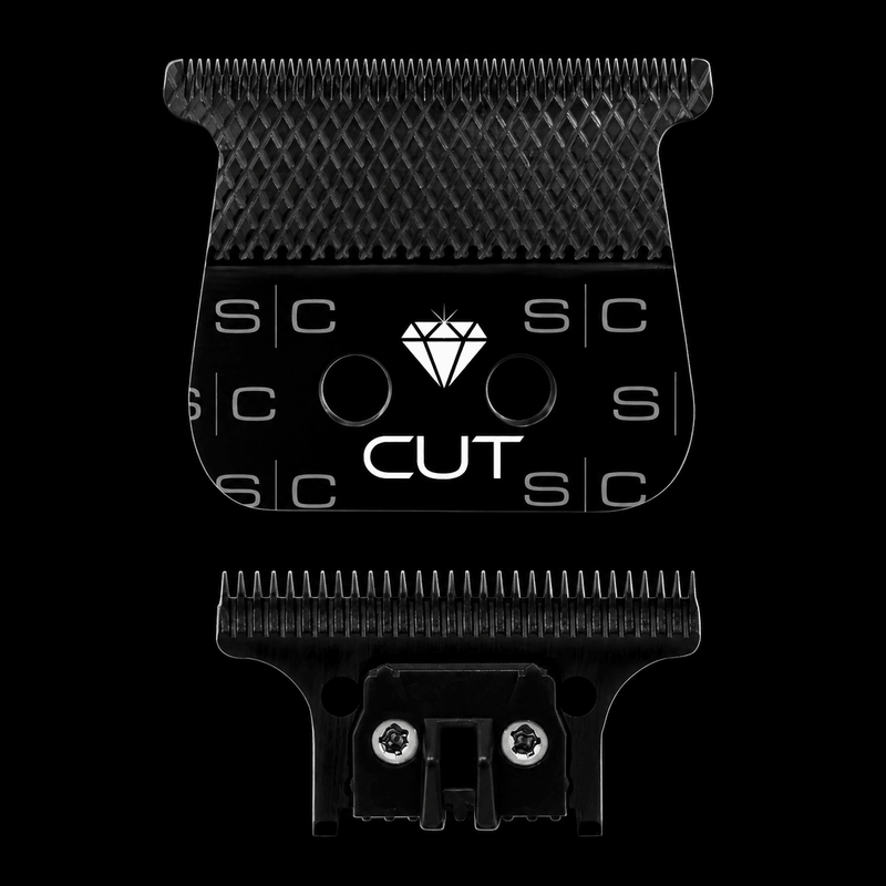 Black hair clipper comb with 'CUT' branding on a black background