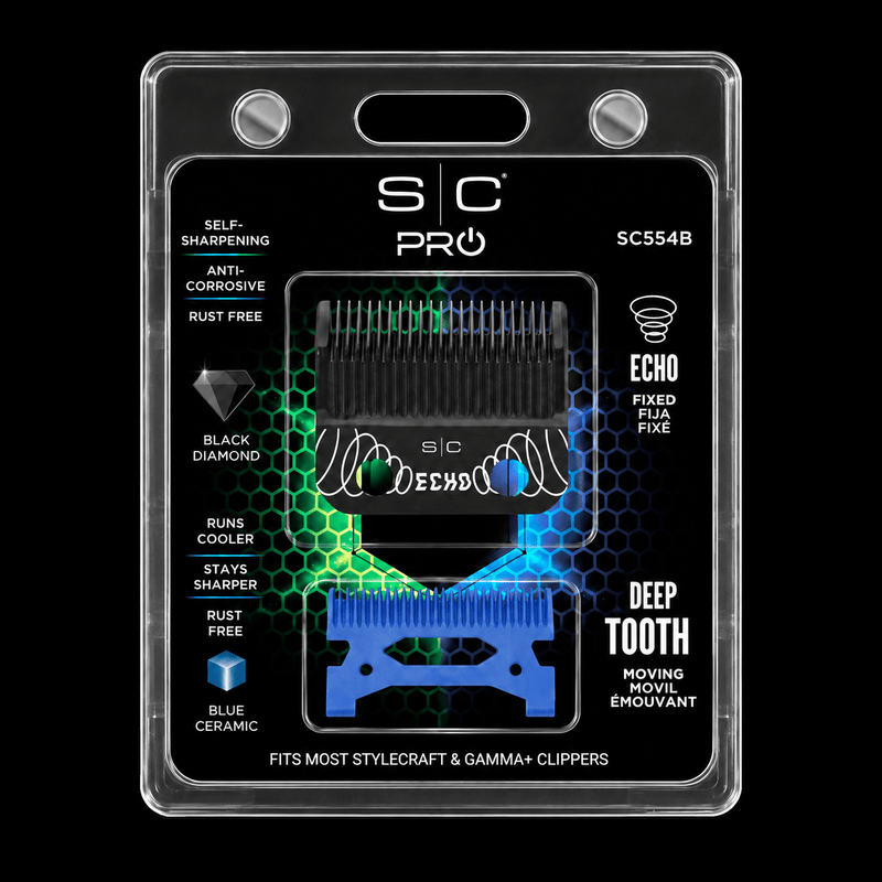 StyleCraft SC554B Black DLC Echo blade and blue ceramic deep-tooth cutter retail package