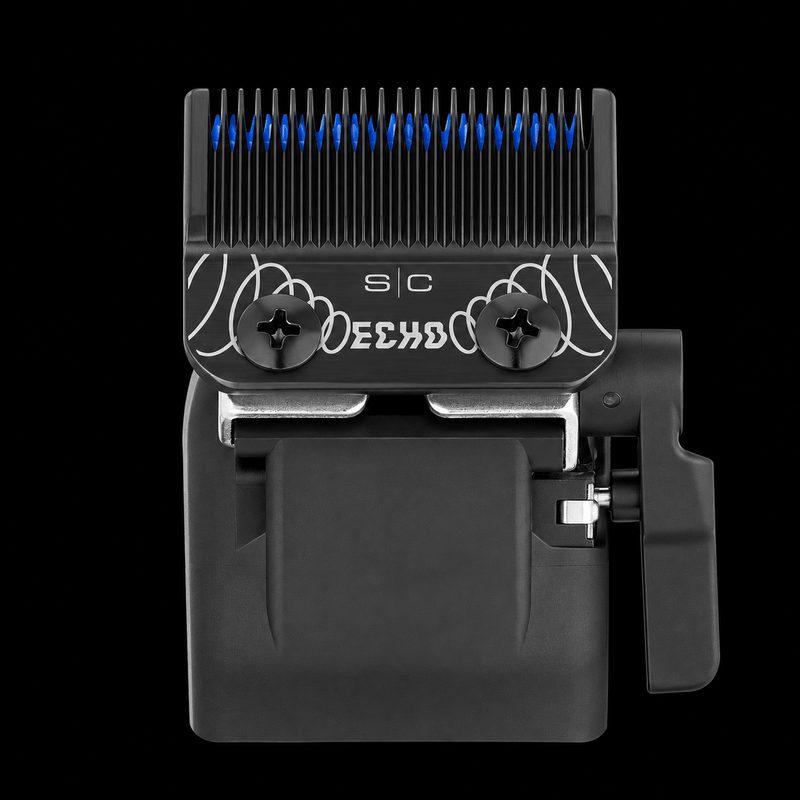 StyleCraft SC554B black DLC Echo blade with blue ceramic cutter installed on a clipper
