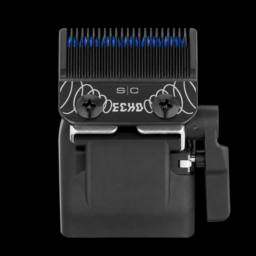 StyleCraft SC554B black DLC Echo blade with blue ceramic cutter installed on a clipper