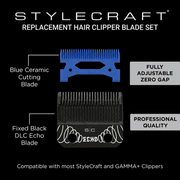 StyleCraft SC554B replacement clipper blade set with black DLC Echo blade and blue ceramic cutter