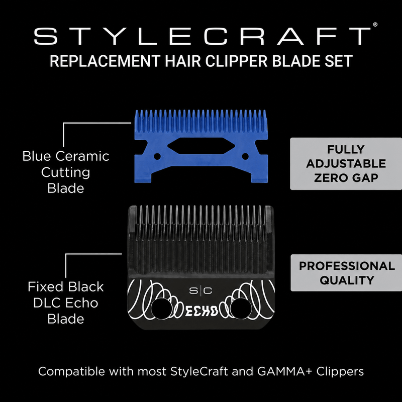 StyleCraft SC554B replacement clipper blade set with black DLC Echo blade and blue ceramic cutter