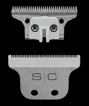Two metal clipper blades on a black background with 'S/C' branding.