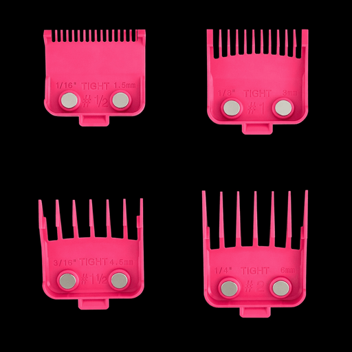Four pink hair clipper comb attachments on a black background
