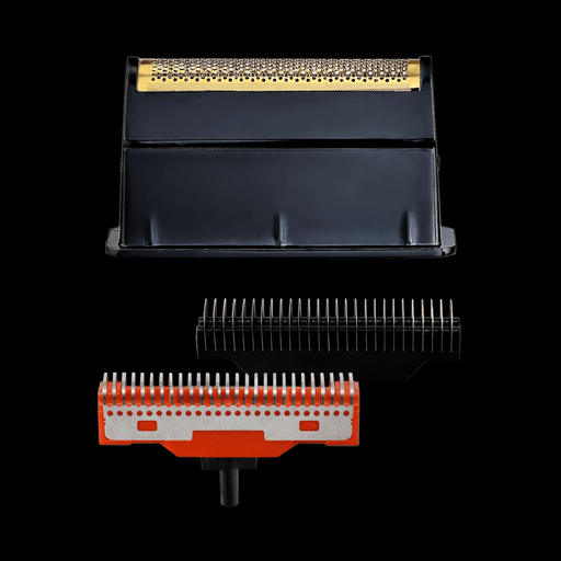 Two hair trimmer heads, one gold and black, the other orange and black, on a black background.