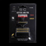 Packaging of a shaver with 'sc' branding on a black background